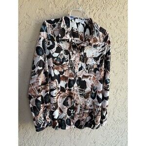 Calvin Klein White Brown Tan Abstract Print Large Women Button Up Collar Blouse